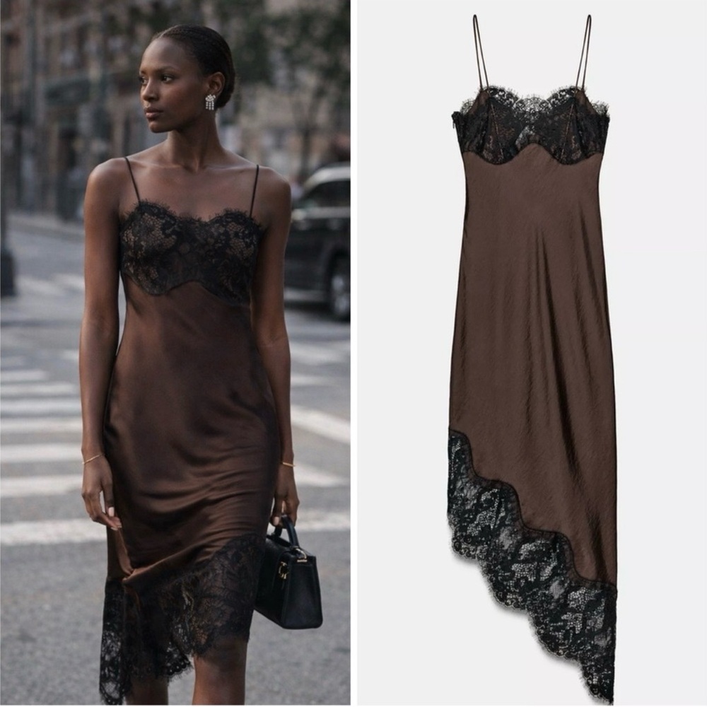 ASYMMETRIC SATIN LACE DRESS ZW COLLECTION - SLIP DRESS - Picture 8 of 17